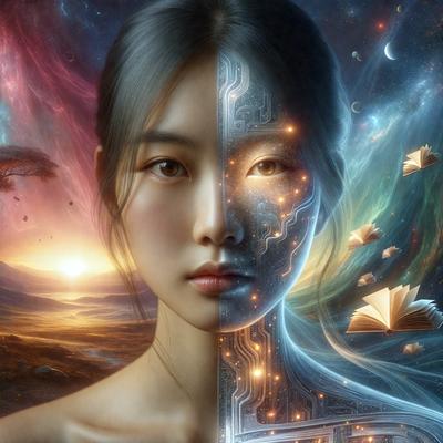 The primary subject of the image is a woman with a split face, showcasing both a human and a digital representation. The setting is a colorful and artistic background, featuring a tree and a book. The visual style is a combination of digital art and illustration, creating a unique and intriguing image. The colors and mood are vibrant and lively, with a focus on the contrast between the human and digital elements.